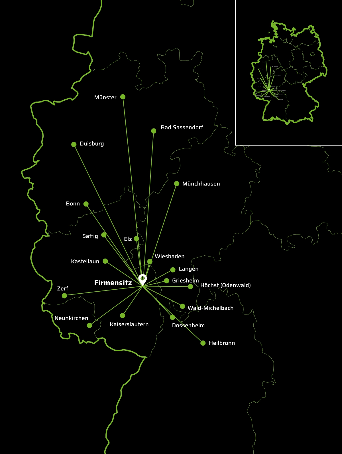 Ausschnitt einer Kartengrafik mit Städtenamen durch grüne Striche verbunden zum Firmensitz, der durch ein weißes Icon gekenzeichnet ist. Der Hintergrund ist schwarz, oben rechts befindet sich abgetrennt durch weiße Striche die komplette Deutschlandgrafik in klein.